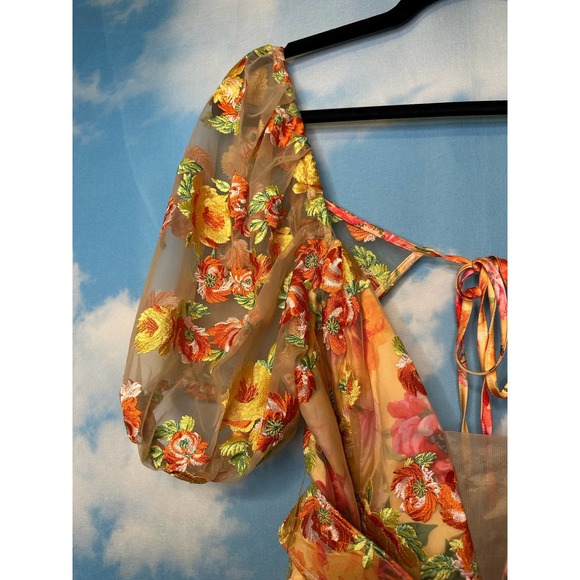 For Love & Lemons Floral Mini Dress Large Golden Yellow Plunge Short Sleeve Nwt - Picture 7 of 15